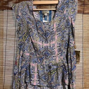 NWT! ONE WORLD Blue and Pink Flutter Sleeve Peplum Blouse